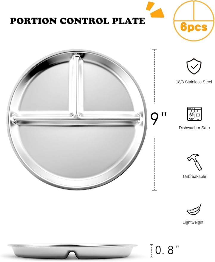 Stainless Steel Kids Plates Set of 6, 9" Portion Control Plates Divided Plate for Adults Toddlers Balance Lunch, Bariatric & Diabetic Diet, Non Toxic Camping Metal Snack Plate for Eating