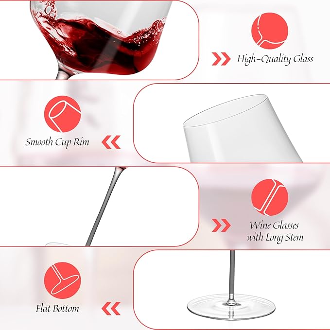 KAMMAK Wine Glasses Set of 2, 16.23 oz Hand Blown Crystal Bordeaux Wine Glasses, Thin Rim & Long Stem, Perfect for Red & White, Daily Use, Wedding or Birthday Gift with Gift Box, 05