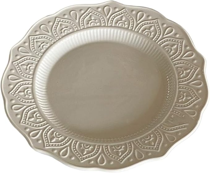 SONGCHAO Party Supplies White Embossed Lace Flat Ceramic Plate Home Restaurant Cake Dessert Plate Round Irregular Edge Breakfast Plate Party Plates