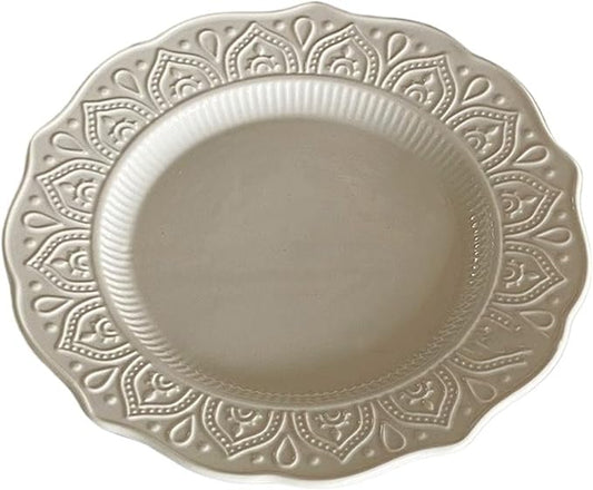 SONGCHAO Party Supplies White Embossed Lace Flat Ceramic Plate Home Restaurant Cake Dessert Plate Round Irregular Edge Breakfast Plate Party Plates