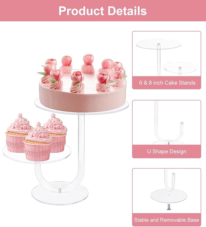 2 Tier Cake Stand Acrylic Cupcake Holder - Premium Dessert Display Stands for Dessert Table - Clear Cupcake and Cake Stand Combo for Weddings, Parties, Events, Decorations - Diameter 6" and 8"