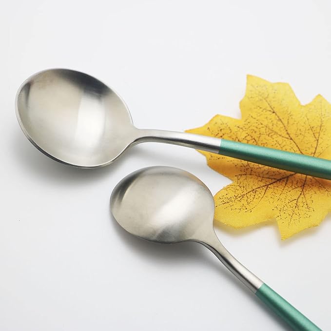 JASHII 6pcs Green&Silver Dessert Spoons Set, Matte 304 Stainless Steel Salad Spoon Set, Modern Design, Dishwasher Safe - 6.8-inch