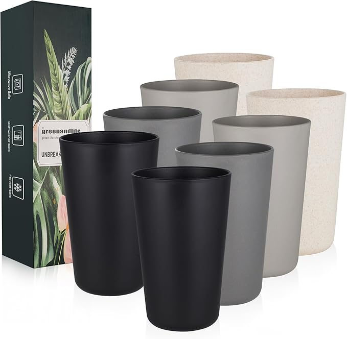 greenandlife Premium Wheat Straw Cups 20 oz Set of 8 Alternative to Plastic Cups Reusable Unbreakable Drinking Cup Dishwasher Safe Water Glasses Tumblers, Grey and Black