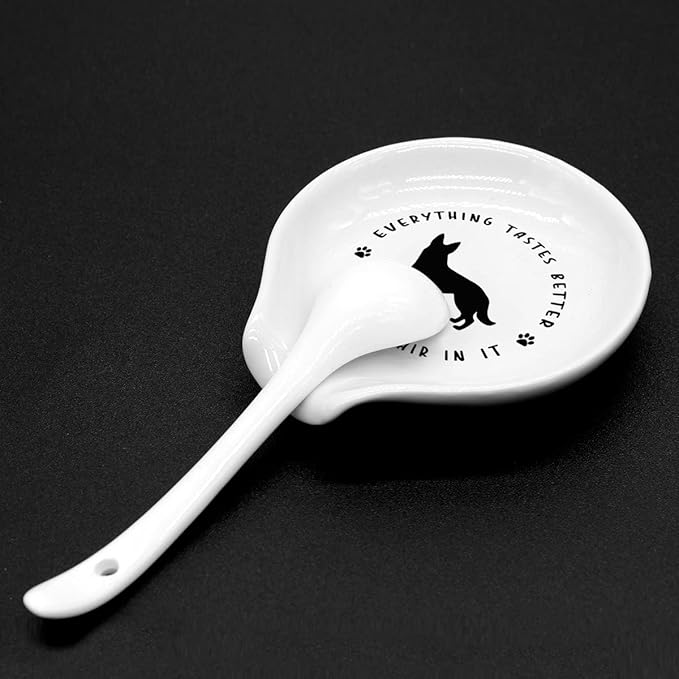 Funny Coffee Quote Black and White Ceramic Coffee Spoon Holder-Coffee Spoon Rest -Coffee Station Decor Coffee Bar Accessories-Coffee Lovers Gift for Women and Men (Dog Hair German)