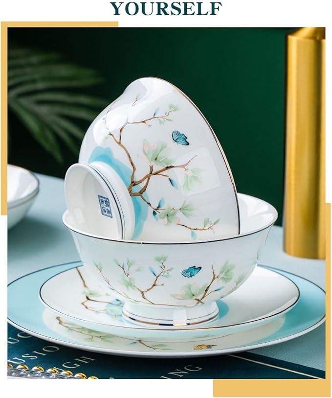 60 Pieces Bone China Dinnerware Set White Magnolia Blossom Pattern Chinese Ceramic Bowl Dish Plate and Disk Set