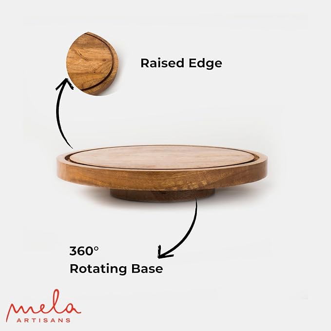 Mela Artisans Wooden Cake Stand 12" x 1.5" | Lazy Susan Rotating Turntable Design | Mango Wood | Cupcake & Dessert Stand | Cake Display for Home Decor | Dining Table | Pastries
