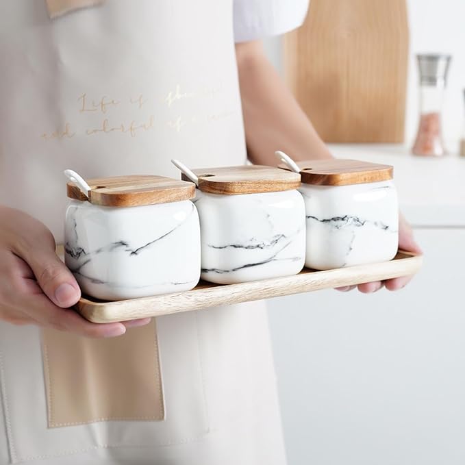 Ceramic Salt and Sugar Container Set with Wooden Tray, 3pcs Porcelain Seasoning Jars with Lids and Spoons, Condiment Pot Pepper Spice Storage Canister for Home Kitchen Counter