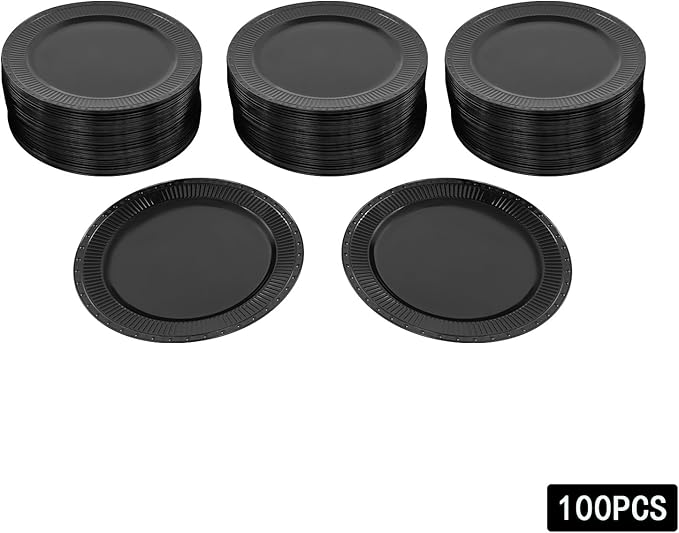 100 Pcs Round Serving Plates 13in Antique Charger Plates Bulk Plastic Charger Plates Set with Stackable &　Edge Texture Pattern Table Chargers for Parties, Weddings, Banquets, Restaurants（Black）
