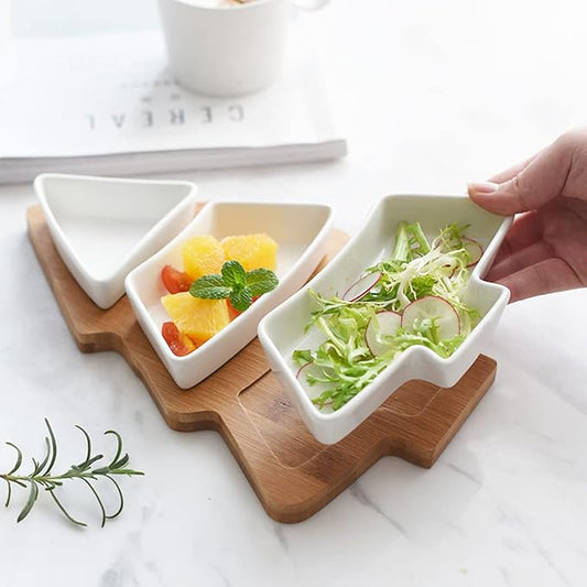 White Snack Appetizer Trays Set, Holiday Shaped Party Plate Christmas Tree Dessert Serving Dishes, Snack Platter, 3 pcs Removable Porcelain Plates with Bamboo Board Tree Tray