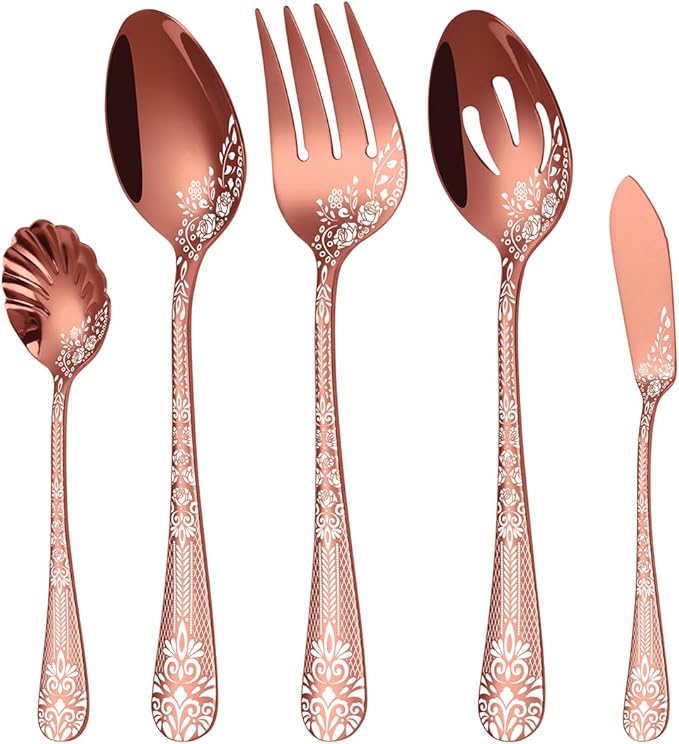 EUIRIO Stainless Steel Copper Serving Utensils Large Serving Spoon Set Serving Fork Slotted Spoon Buffer Knife and Sugar Spoon Kitchen Party Supply (Rose Gold,5 Pieces)