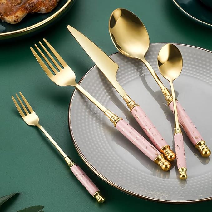 Premium Stainless Steel Silverware Set with Ceramic Handles, 5 Piece Knife, Fork, and Spoon Set with Marble Accents, Elegant Kitchen Utensils Set (Pink (set of 5))