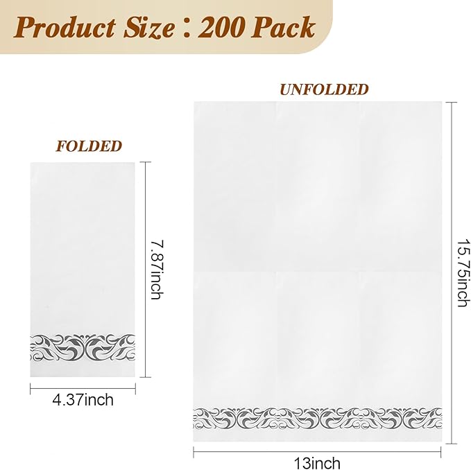BESTVIP 200 Pack Disposable Paper Napkins, 3-Ply Dinner Napkins with Silver Trim for Guests, Bathroom Paper Hand Towels Soft & Absorbent, Perfect for Christmas, Kitchen, Dinner, Party, Wedding, Event