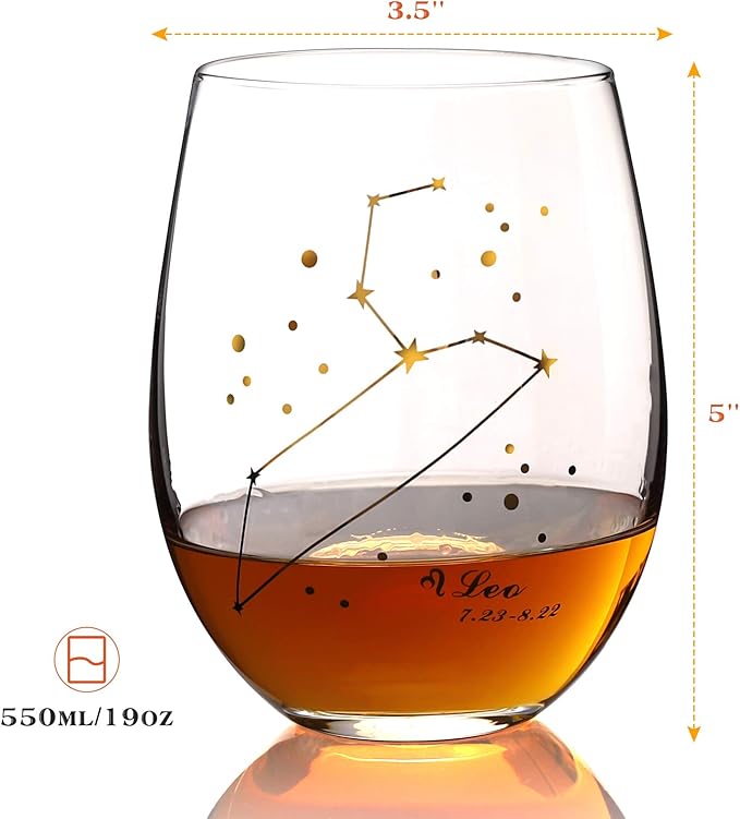 HOHY Leo Zodiac Wine Glass 20 Oz, Leo Zodiac Birthday Horoscope Wine Gifts for Women, Birthday Wine Glass Astrology Constellation Christmas Gifts for Women, Constellation Wine Glasses Golden