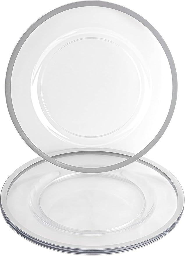 PARTY BARGAINS 13-Inch Charger Plates - 4 Pack, Clear Silver Rim, Heavy-Duty Disposable Chargers for Elegant Dining - Ideal for Weddings and Formal Events