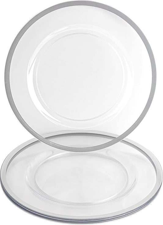 PARTY BARGAINS 13-Inch Charger Plates - 4 Pack, Clear Silver Rim, Heavy-Duty Disposable Chargers for Elegant Dining - Ideal for Weddings and Formal Events