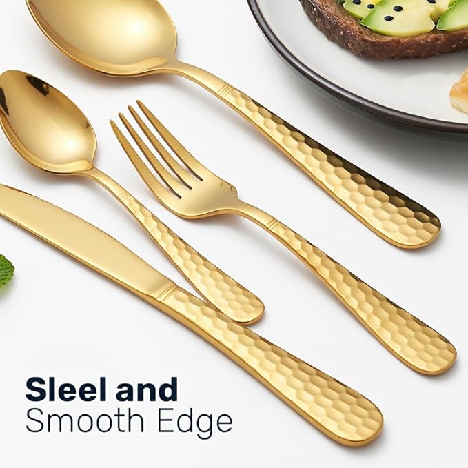 24-Piece Golden Silverware Set, Stainless Steel Cutlery Set with Knife Forks & Spoons, Flatware Set for Home and Kitchen Dining Table Set, Durable Utensils for New Home Essentials
