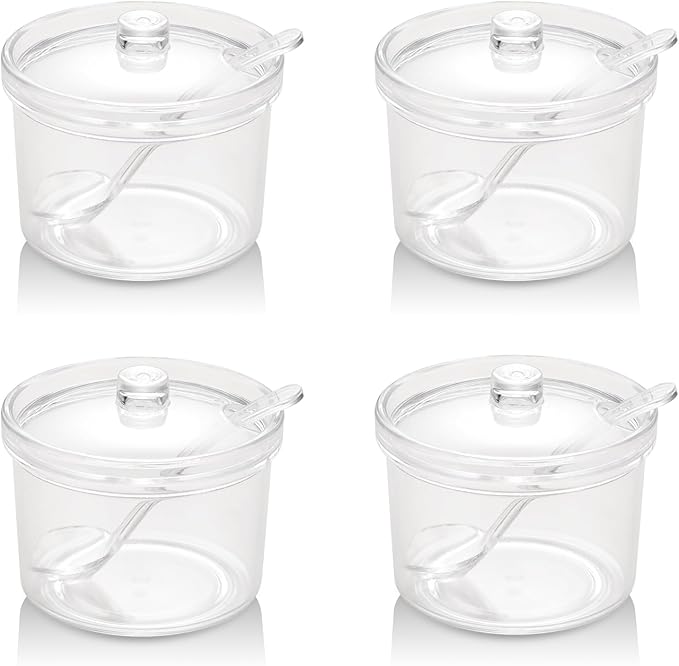 Set of 4 Acrylic Sugar Bowl with Lid and Spoon, Clear Sugar Jar with Lid and Spoon, Cute Jars for Sugar, Salt, Tea, Condiment Server – 7oz