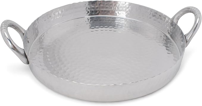 India Handicrafts Hammered Round Scalloped Silver Tone 17 inch Metal Tray Platter