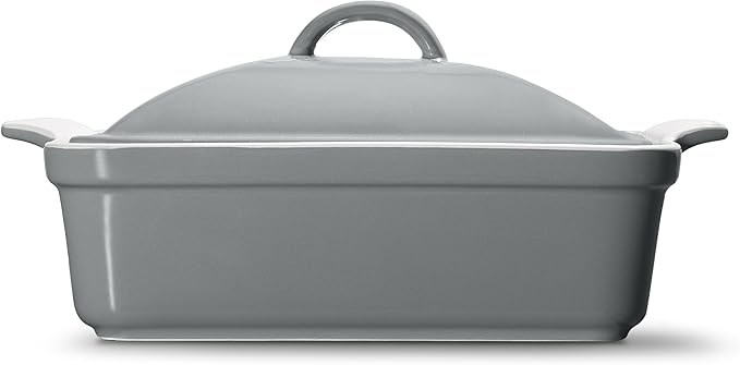 Stoneware Casserole Dish Bakeware with Lid | Covered Square Dinnerware | Large 2.5 Quart, [Modern Grey]