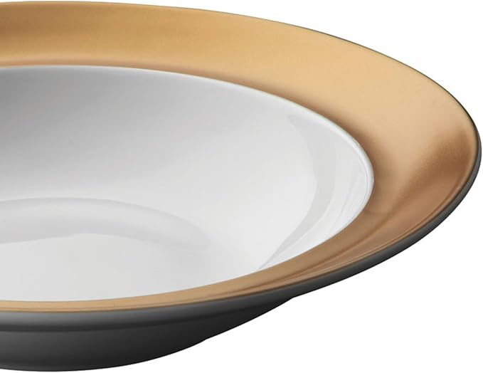 BergHOFF GEM Porcelain Set of 6pc Dinnerware Deep Plate Large & Small Plate Coffee Mug Tea Cup Saucer White & Gold Daily Serving Elegant Glossy Finish Dishwasher Safe