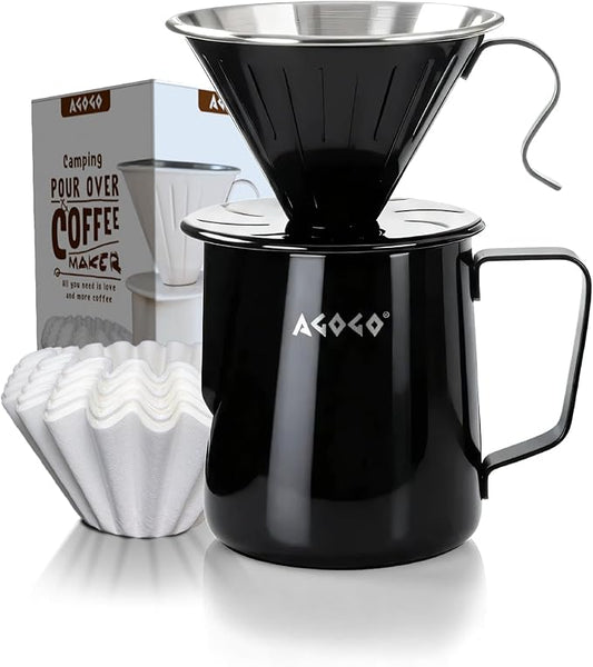 AGOGO Portable Pour Over Coffee Maker V60 Set - Easy Cleaning Compact 304 Stainless Steel Dripper for Camping & 50 Filters Paper & Cleaning Rag Black 20 oz