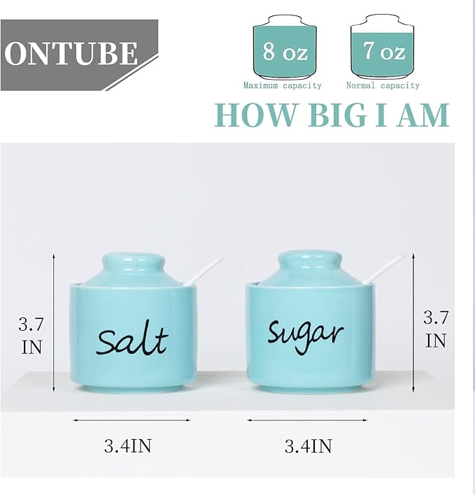 ONTUBE 8oz Sugar and Salt Bowls with Lid and Spoon, Ceramics Condiment Pots,Seasoning Jar Spice Container for Kitchen,Dishwasher Safe (Turquoise)
