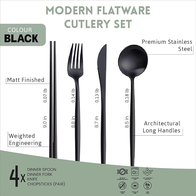 Matte Black KiiZYs Silverware Set - 16-Piece Kitchen Utensil With Korean Chopsticks - Stainless Steel Flatware Cutlery - Spoons, Forks, Knife - Dishwasher Safe - New Home Wedding Gifts (Black, 4 Sets)