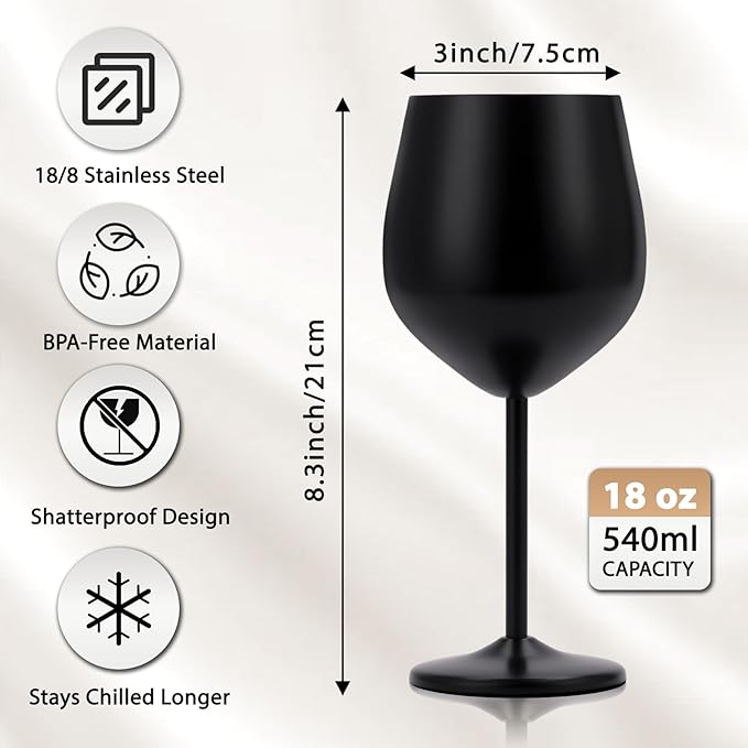 Black Wine Glasses Set of 4, 18oz Stainless Steel Unbreakable Goblets - Outdoor Metal Cups for Camping, Hiking Adventures