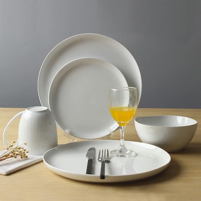 Ceramics Dinnerware Sets, Dinnerware Set, 16 Piece Relief Classic White Porcelain Combination Tableware Set Plates and Bowls Sets for Desserts, Service for 4
