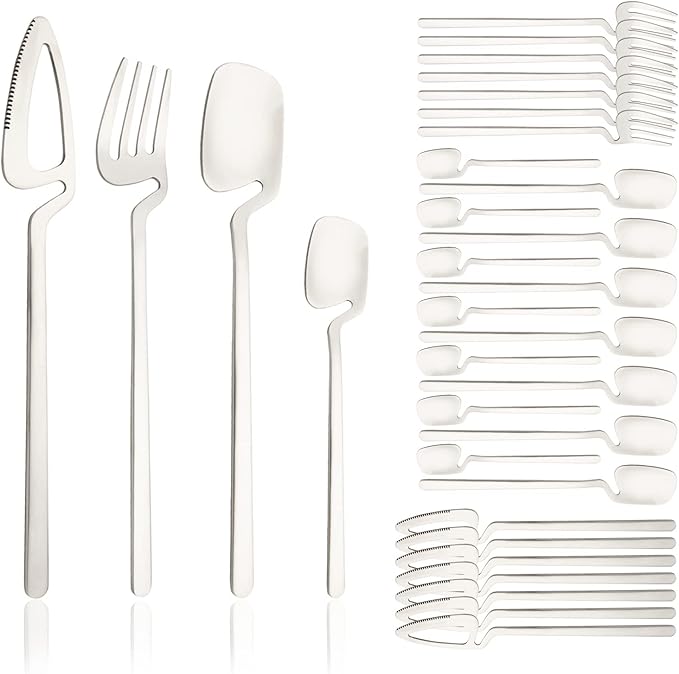 Brushed Silver Flatware Set for 8, Uniturcky 32-Piece Matte Silverware Set with Colored Handles, 18/10 Stainless Steel Dinnerware Tableware Set, Eating Utensils for Party/Wedding/Home
