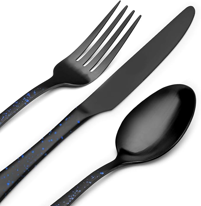 O.C.E. Matte Black Silverware Set, Stainless Steel Flatware, 20-Piece Tableware Cutlery Service for 4, Satin Finish Utensils, Dishwasher Safe (Starry Blue)