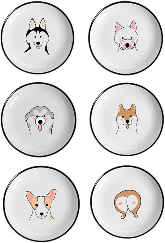 Funny Dogs Head and Butt Pattern Ceramic Sauce Dishes, Seasoning Dishes, Sushi Soy Dipping Bowls, Appetizer Plates, Dessert Plates, Little Cat Bird Feeding Bowls, Set of 6-Dogs-5 Inch