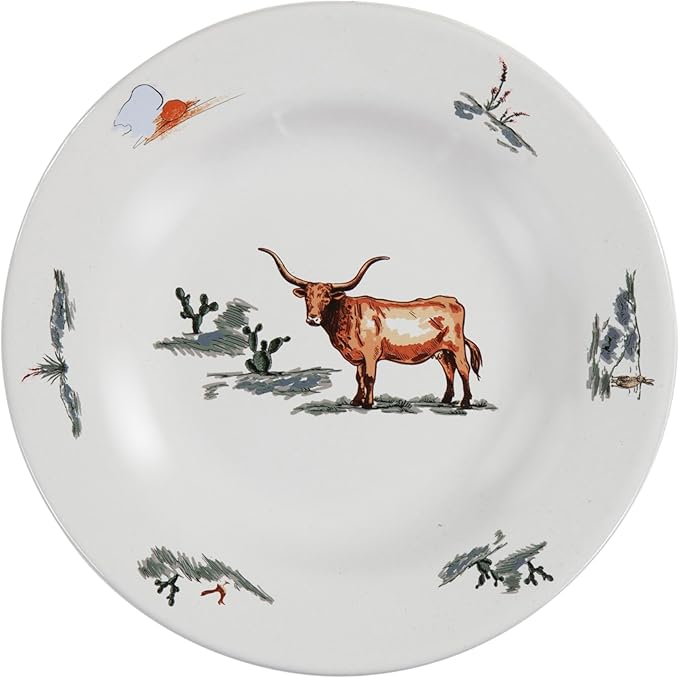 Paseo Road Ranch Life 16 Piece Ceramic Dinnerware Set with Plates, Bowls, Coffee Mugs, Duffle Bag, Cow Longhorn Horse Cowboy Pattern, Southwestern Rustic Cabin Lodge Style