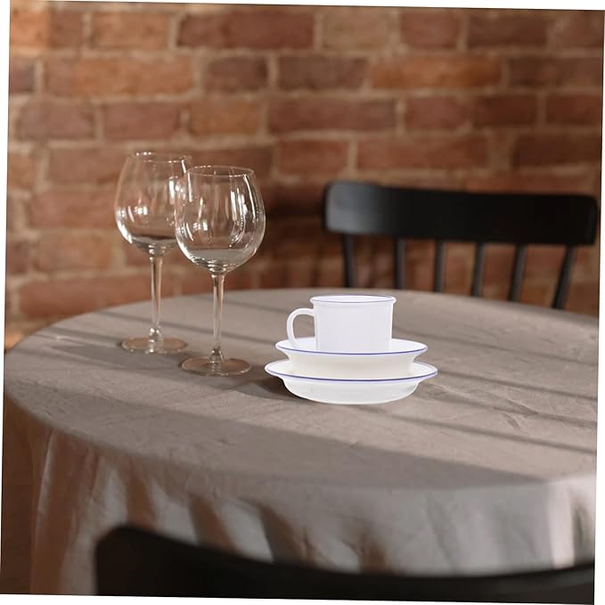 Kichvoe Retro Enamelware Dinnerware White Blue Rim Plate Bowl Cup Kit Kitchen Tableware for Home Camping Picnic Parties Serving Soup Salad Rice Noodles