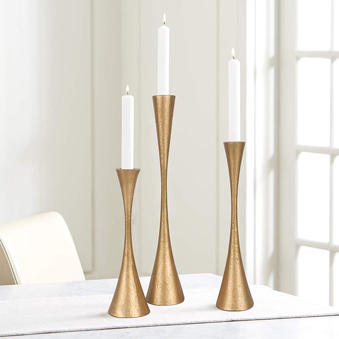Antique Brass Iron Taper Candle Holders - Set of 3 Decorative Candle Stands for Weddings, Dinners & Parties - Elegant Candlestick Holders with Vintage Finish