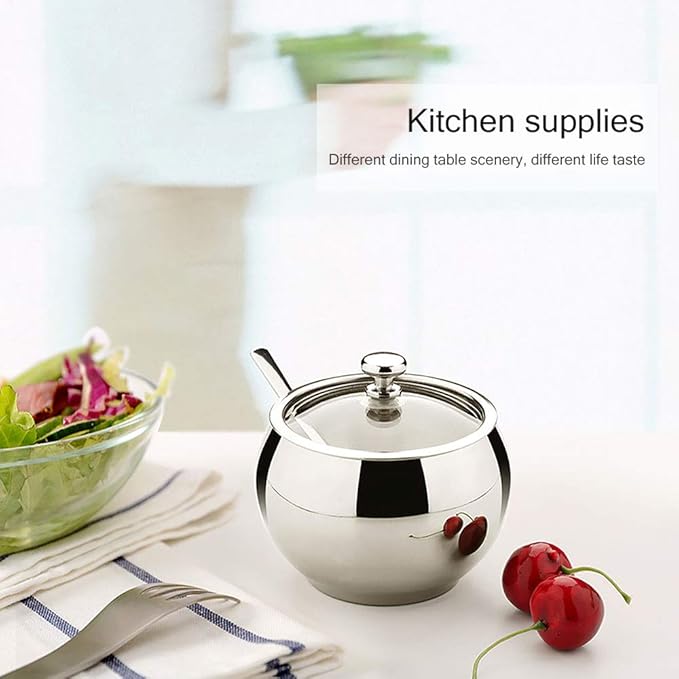 Stainless Steel Sugar Bowl with Lid and Spoon, Polished Shiny Condiment Pots for Serving Sugar Pepper Salt Spice- 330ml/ 11.6 Oz