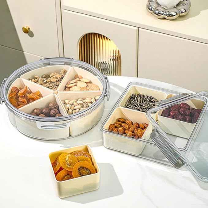 Divided Serving Tray with Lid, 45 Compartments Snack Box for Candy, Nuts, Cookies, Fruit, ABS Plastic, Portable for Picnics and Parties(White - Round)