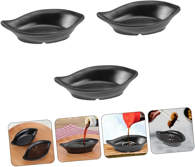 OUNONA 3-Piece Sauce Dipping Bowls Set Imitative Ceramic Condiment Plates Black Easy to Clean Suitable for Appetizers and Snacks
