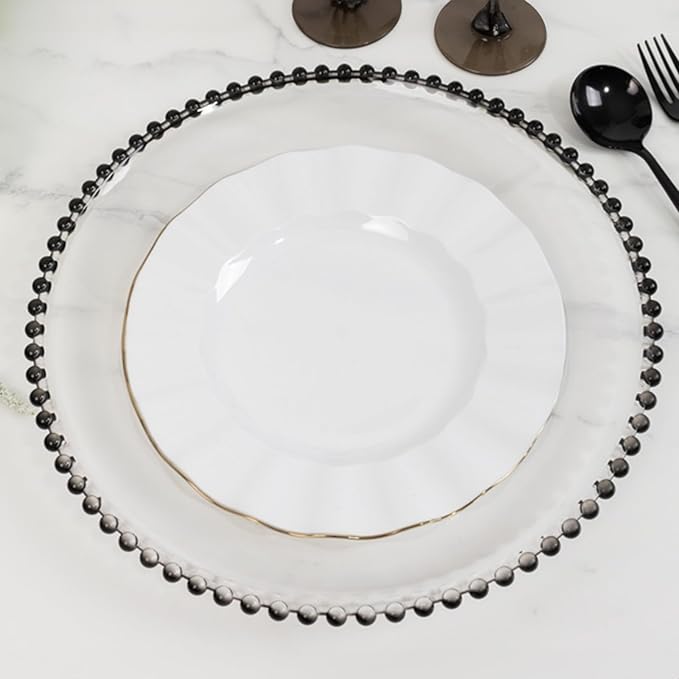 13" Charger Plates - Set of 24 - Clear/Black Round Acrylic Disposable Chargers with Beaded Rim, Ideal for Dinner Party Wedding Bulk Events