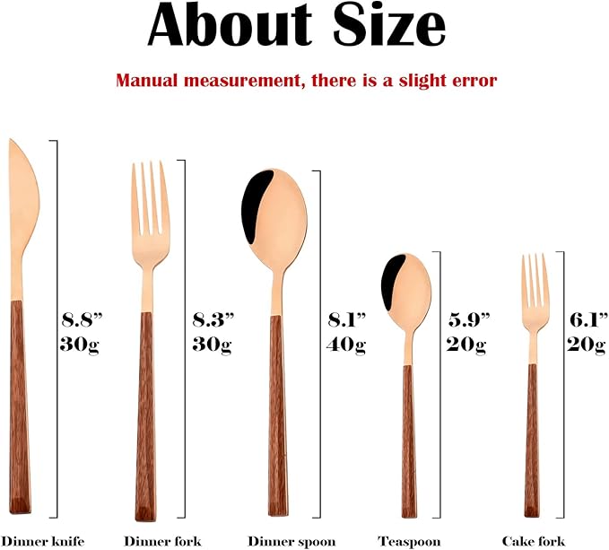 Korean Style Wood Flatware Stainless Steel Fork/Spoon/Knife/Teaspoon with Wooden Square Handle Cutlery Set of 4 Dinnerware for Home, Kitchen, Restaurant, Gift - Rose Gold