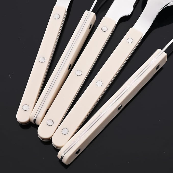 JASHII Silverware Flatware Set 20 Pieces Stainless Steel With Rivet Retro Cutlery Set Knife Fork Spoon Set Service for 4 for Home Restaurant Wedding - Beige Handle