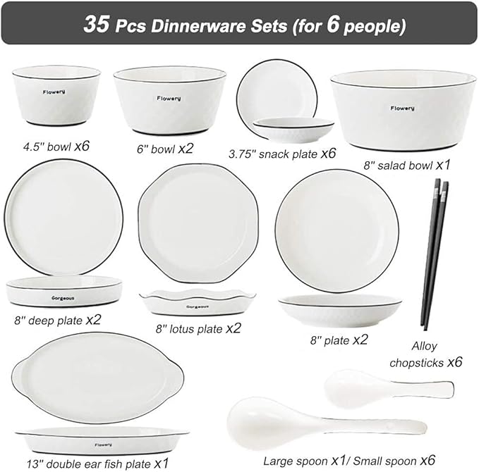 60 Pieces White Dinnerware Set Dishes - Dinner Plates and Bowls Sets Service for 12, Luxury Ceramic Dishes Set, Nordic Style Black Line Diamond Pattern, for Family Friend (White 35 Pcs)