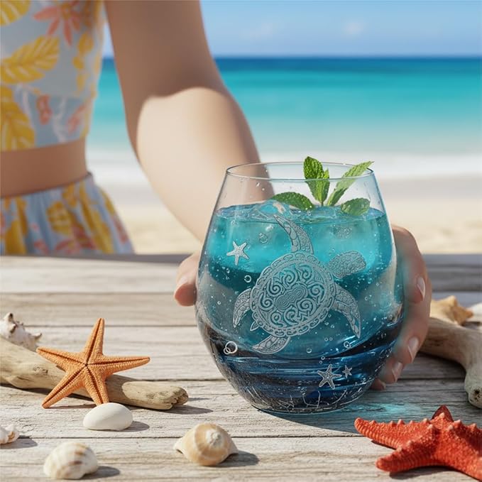 Sea Turtle Wine Glasses Set 2 - 13.3oz Crackle Teal Design, Hand blown Tortoise Wine Tumbler,Sea Turtle Gifts for Women, Birthday/Housewarming/Christmas Gifts for Seaturtle Lovers(2Count, White)
