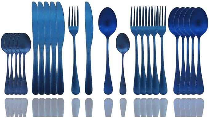 JASHII Matte Silverware Set, 24-Piece Stainless Steel Satin Finish Flatware Service for 6, Kitchen Utensils, Tableware Cutlery for Home and Restaurant (Blue Full)