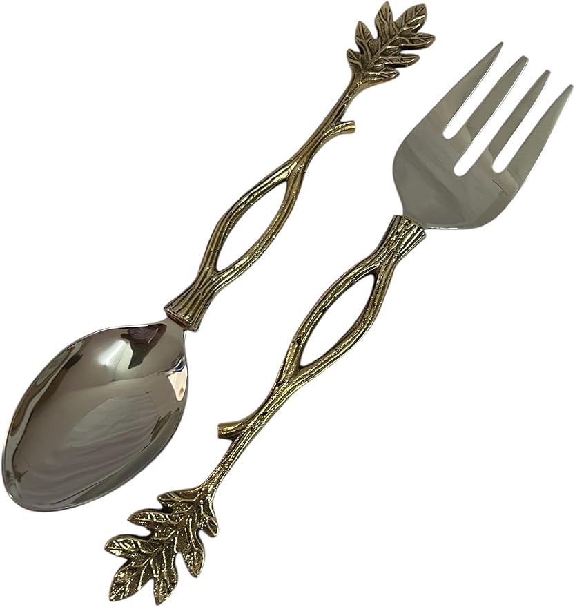 Gold Salad Serving Spoon and Fork Set – Stainless Steel with Decorative Leaf Handle – Elegant 2-Piece Flatware Set for Salad, Pasta, Fruits (11.5" Inches)