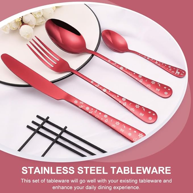 Hemoton 4Pcs Forks and Spoons Silverware Set Stainless Steel Christmas Utensils Heavy Duty Christmas Silverware Cutlery Set Includes Fork Spoon Knife
