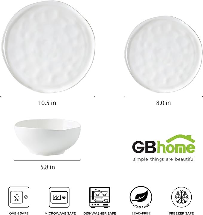 GBHOME Ceramic Dinnerware Sets for 4, 12 Pieces Porcelain Lightweight Plates and Bowls Sets, Scratch Resistant Dish Set, Oven & Microwave & Dishwasher Safe, Angel White
