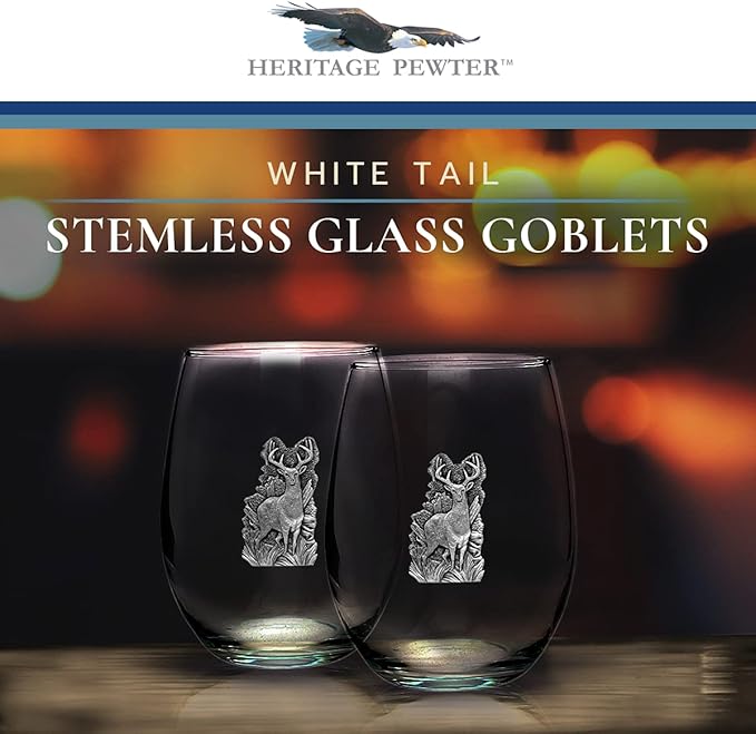 Heritage Pewter Whitetail Deer Stemless Glass Goblets – Set of 2 | 15 OZ Goblet Wine Glasses | Expertly Crafted Pewter Glass