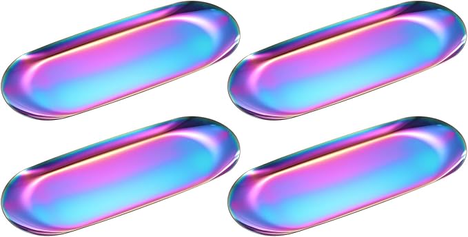 uxcell 4pcs Stainless Steel Decorative Tray, 9 Inch Oval Jewelry Tray, Small Serving Tray for Bathroom Countertops, Closets, Dressers, Multicolor