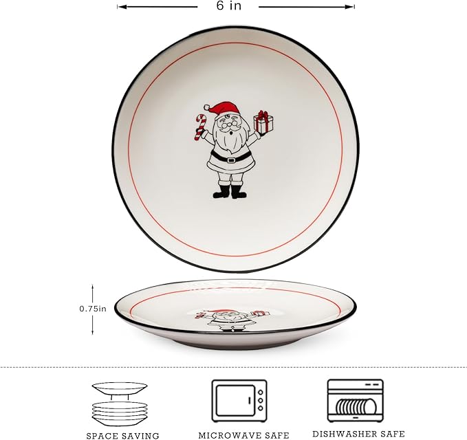 LEHAHA Ceramic Christmas Plates, 6 inch Porcelain Holiday Round Appetizer Plates, Set of 6 Plates for Kitchen, Great for Dessert,Appetizer,Cake. Dishwasher and Microwave Safe